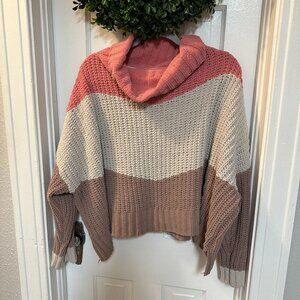 POL Pink, Cream and Brown Cropped Oversized Turtleneck Sweater-Size Large